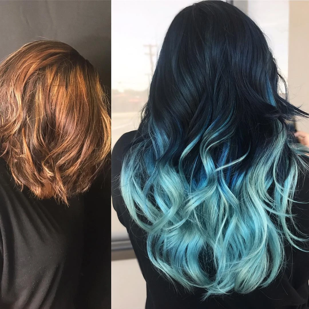 Long wavy hair with dark roots fading to turquoise ends