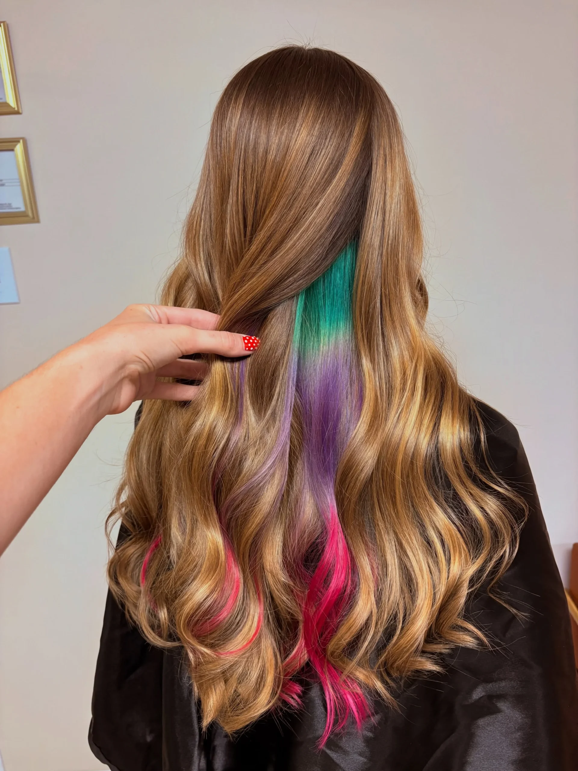 Honey blonde balayage waves with hidden teal, lavender and hot pink mermaid peekaboo color