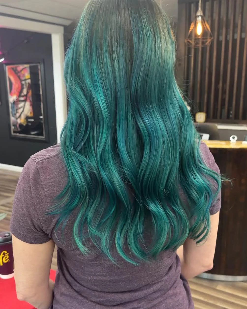 Long deep teal wavy hair