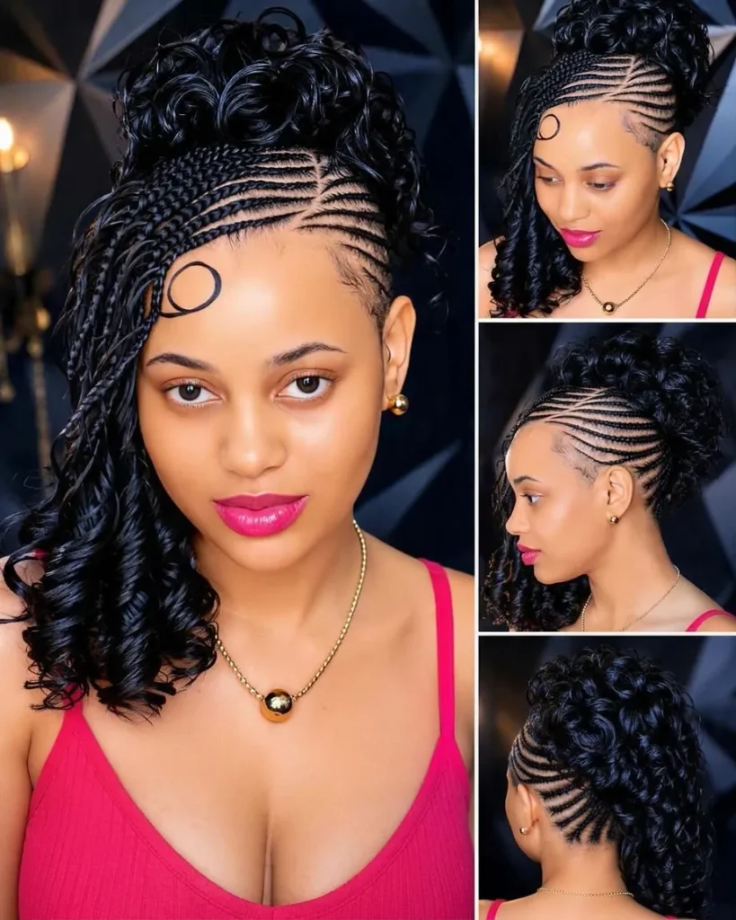 Side-swept cornrow updo with a curly crown and curled side braids